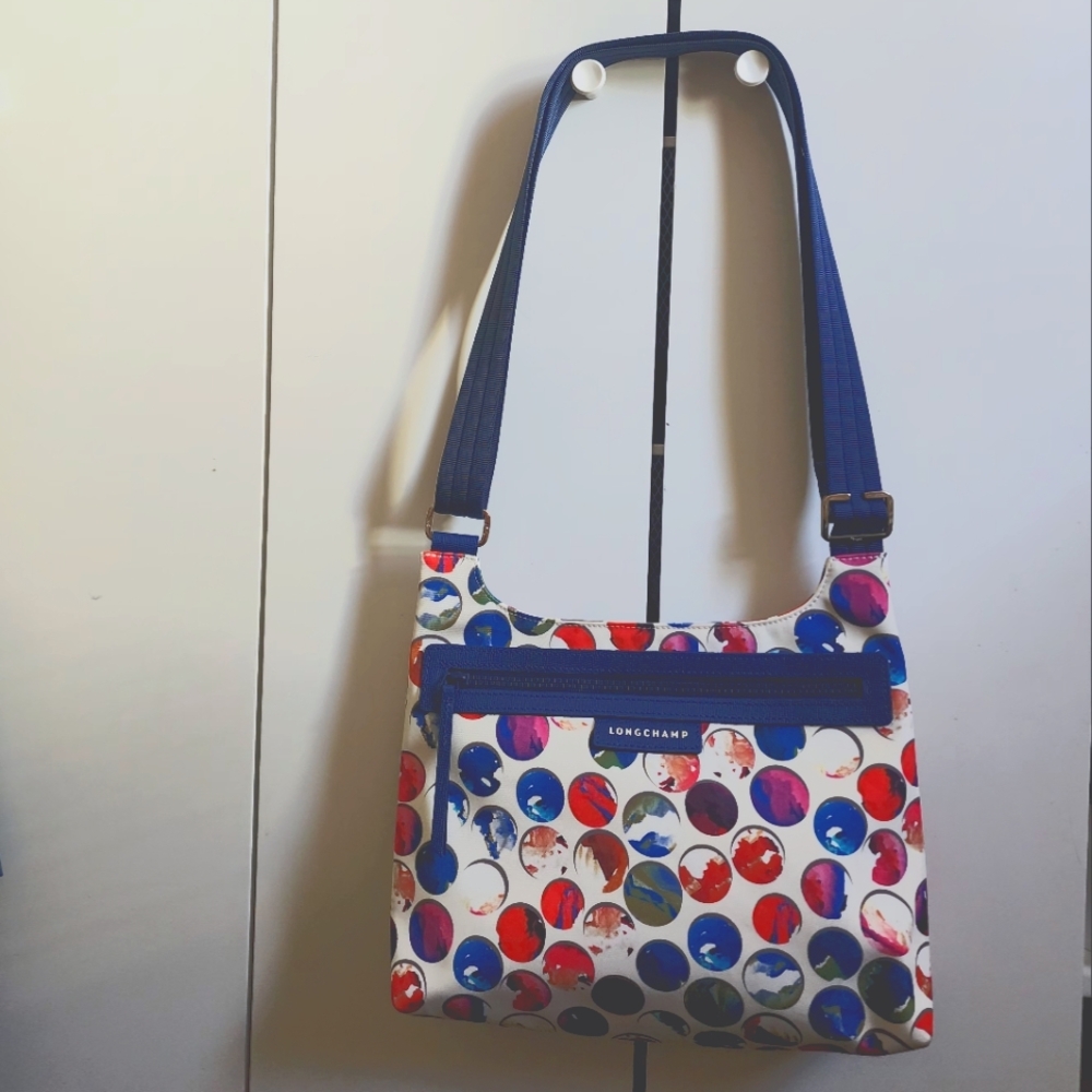 Longchamp Polka Dot Shoulder Bag in Blue and Whitr